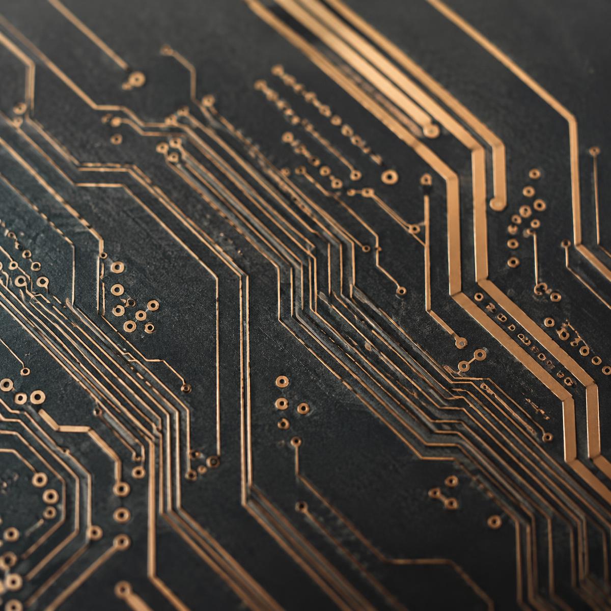 Macro view of copper circuit board traces on a dark surface