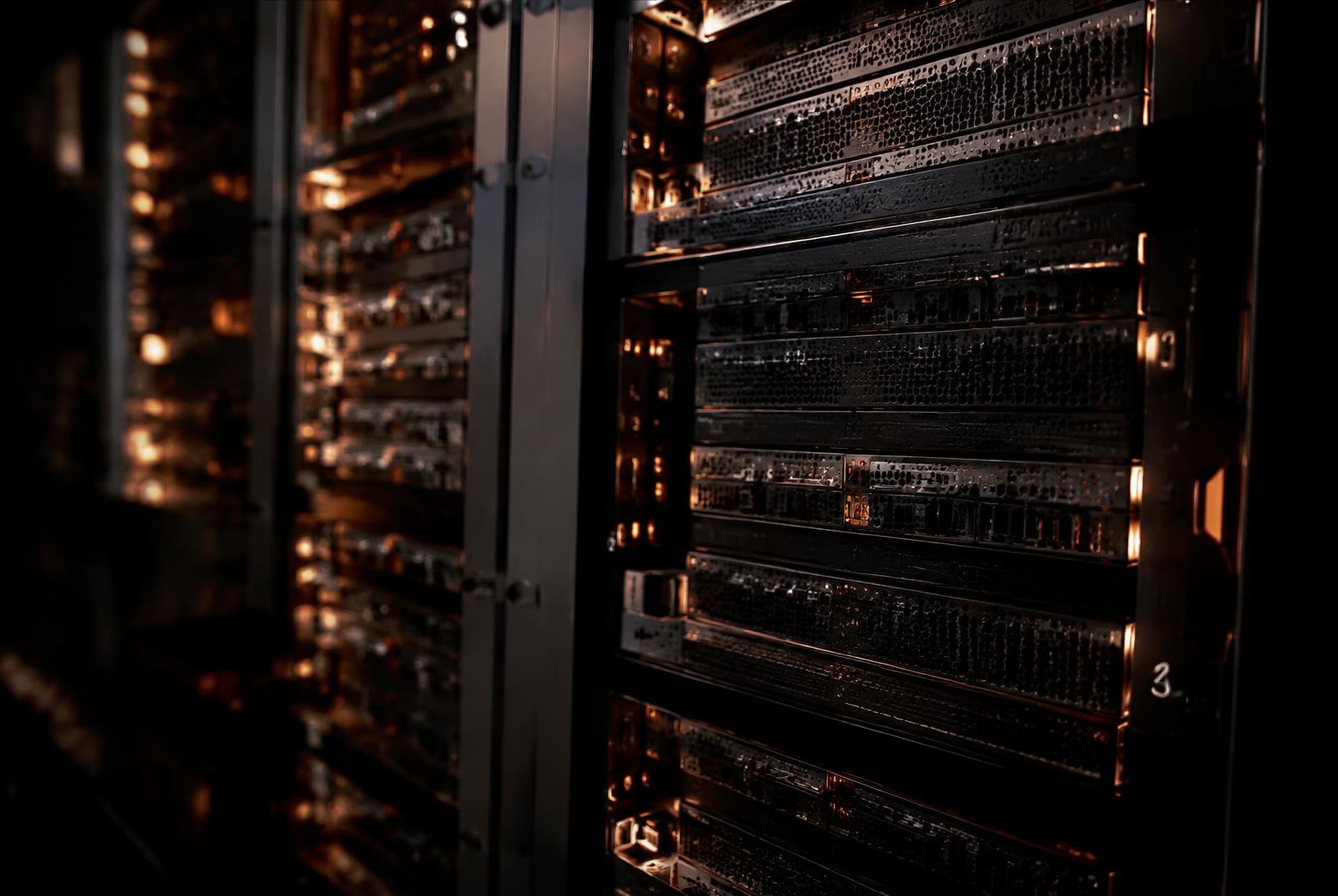 Server racks lit with warm copper light in a dark data room