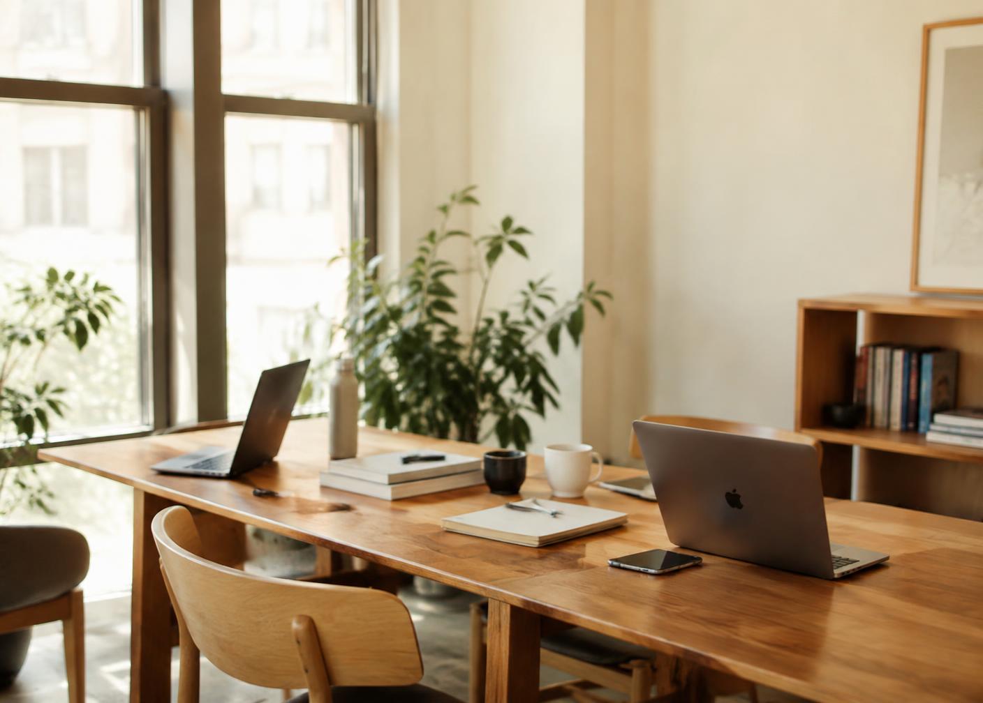 Bright shared workspace with laptops and notebooks on a wooden table